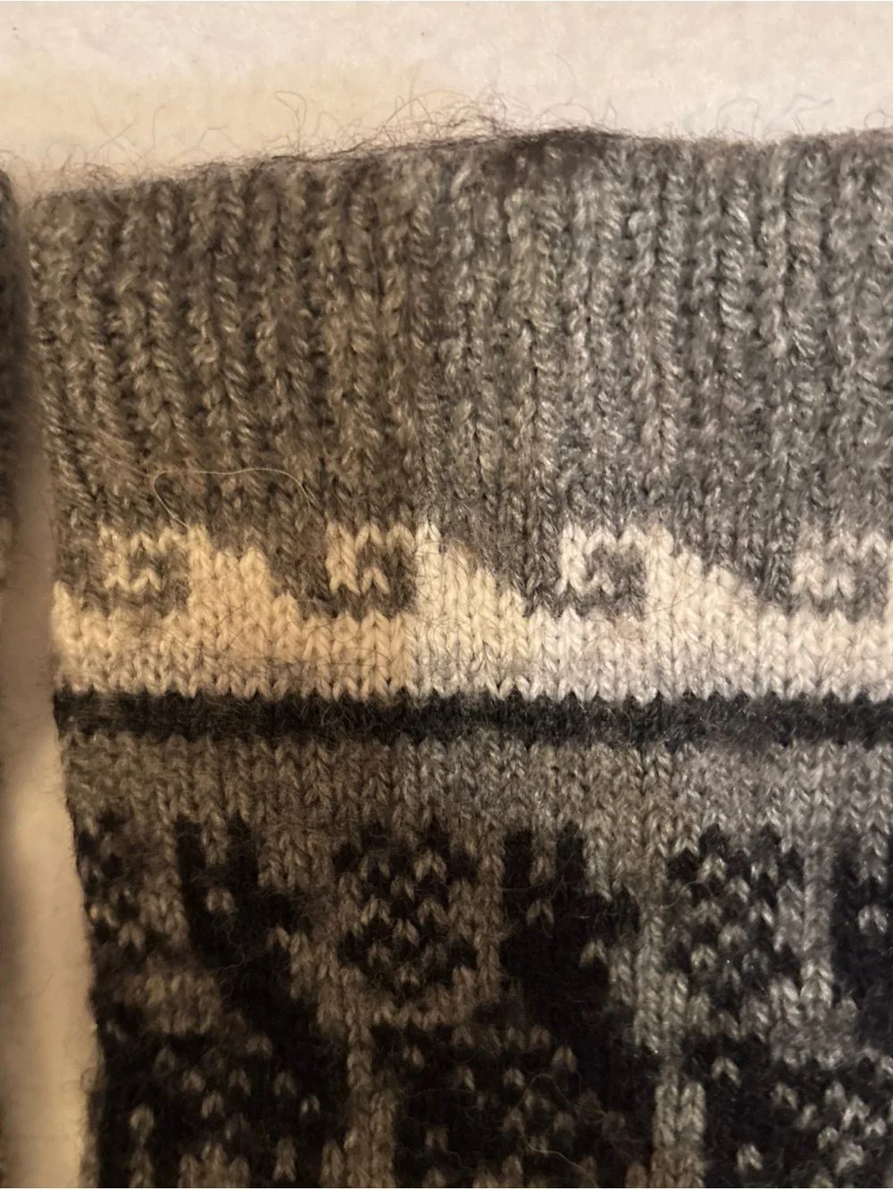 Hand knit alpaca wool for indoor slipper socks in grey, black and white.